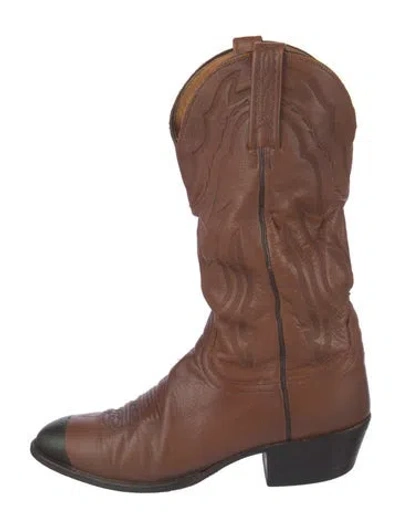 Pre-owned Lucchese Leather Embroidered Accent Western Boots In Brown
