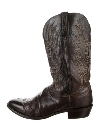 Pre-owned Lucchese Leather Embroidered Accent Western Boots In Brown
