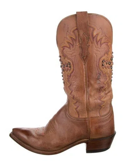 Pre-owned Lucchese Leather Embroidered Accent Western Boots In Brown