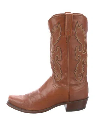 Pre-owned Lucchese Leather Embroidered Accent Western Boots In Brown