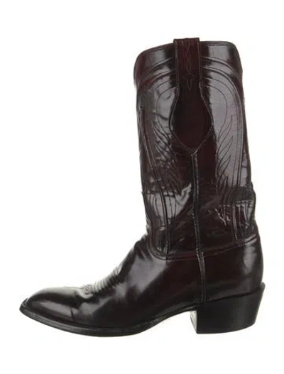 Pre-owned Lucchese Leather Embroidered Accent Western Boots In Brown