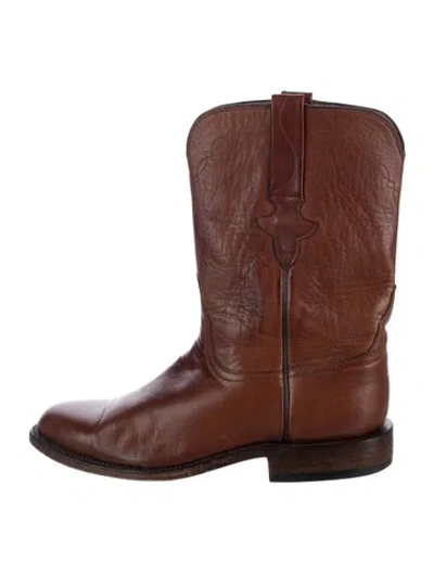 Pre-owned Lucchese Leather Embroidered Accent Western Boots In Brown