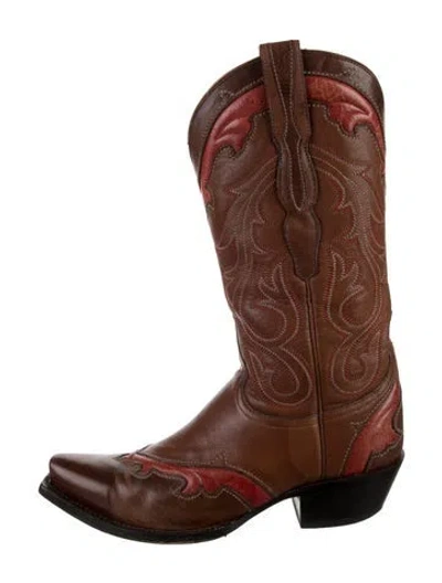 Pre-owned Lucchese Leather Embroidered Accent Western Boots In Brown