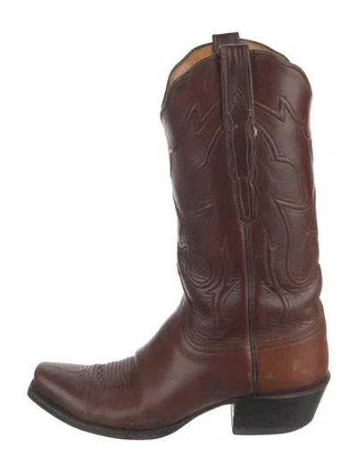 Pre-owned Lucchese Leather Embroidered Accent Western Boots In Brown