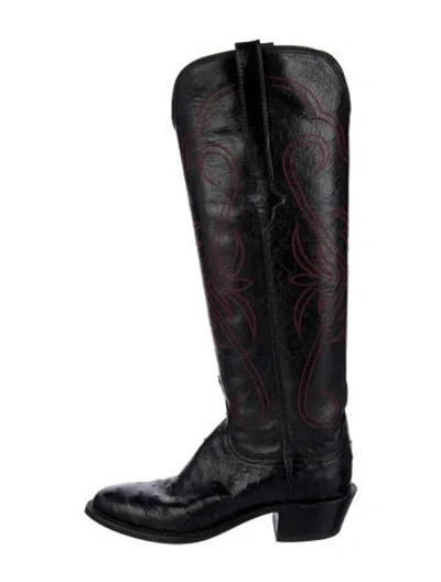 Pre-owned Lucchese Leather Embroidered Accent Western Boots In Brown