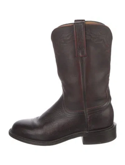 Pre-owned Lucchese Leather Embroidered Accent Western Boots In Burgundy