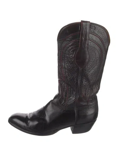 Pre-owned Lucchese Leather Embroidered Accent Western Boots In Burgundy