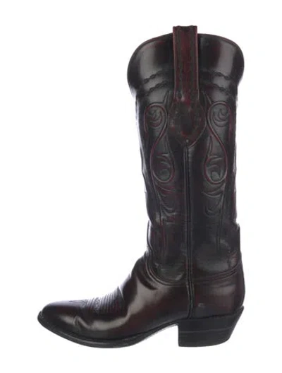 Pre-owned Lucchese Leather Embroidered Accent Western Boots In Burgundy