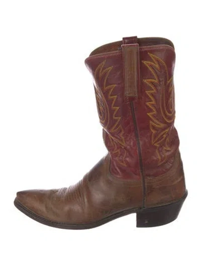 Pre-owned Lucchese Leather Embroidered Accent Western Boots In Burgundy
