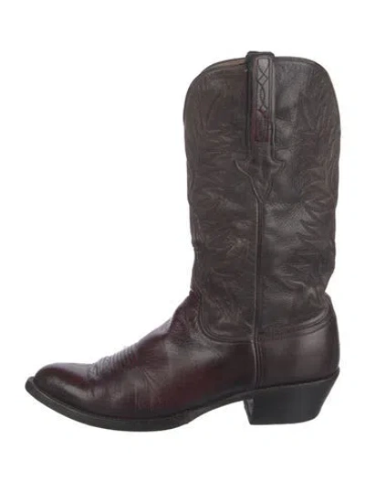 Pre-owned Lucchese Leather Embroidered Accent Western Boots In Burgundy