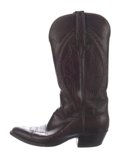 Pre-owned Lucchese Leather Embroidered Accent Western Boots In Burgundy