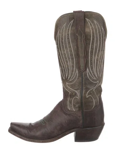 Pre-owned Lucchese Leather Embroidered Accent Western Boots In Gray