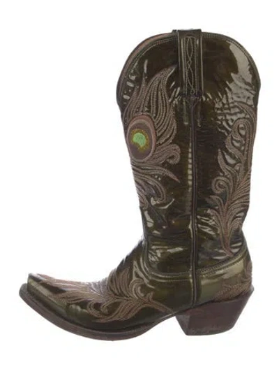 Pre-owned Lucchese Leather Embroidered Accent Western Boots In Green