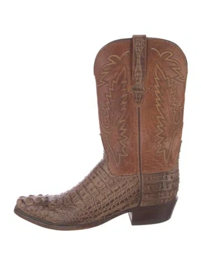 Pre-owned Lucchese Leather Embroidered Accent Western Boots In Neutral