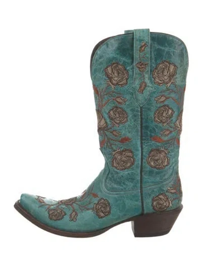Pre-owned Lucchese Leather Floral Print Western Boots In Blue