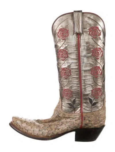 Pre-owned Lucchese Leather Floral Print Western Boots In Neutrals