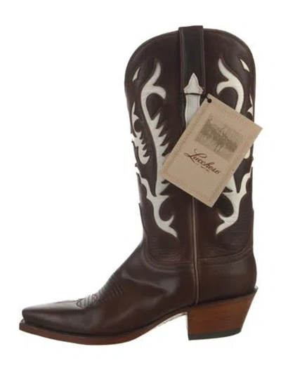 Pre-owned Lucchese Leather Floral Print Western Boots In Pink