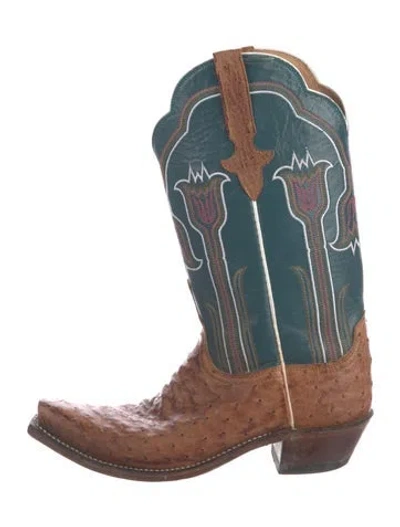 Pre-owned Lucchese Leather Graphic Print Western Boots In Blue