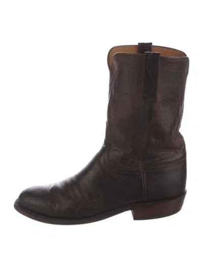 Pre-owned Lucchese Leather Leather Trim Embellishment Western Boots In Brown