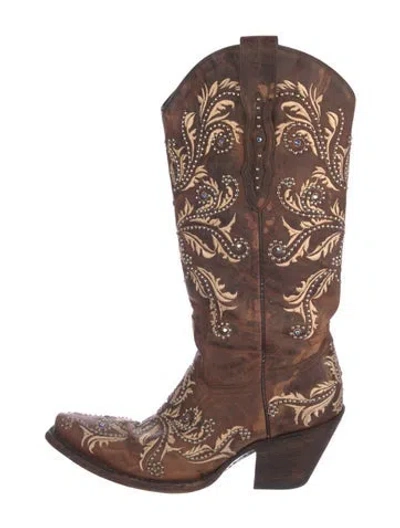 Pre-owned Lucchese Leather Paisley Print Western Boots In Brown