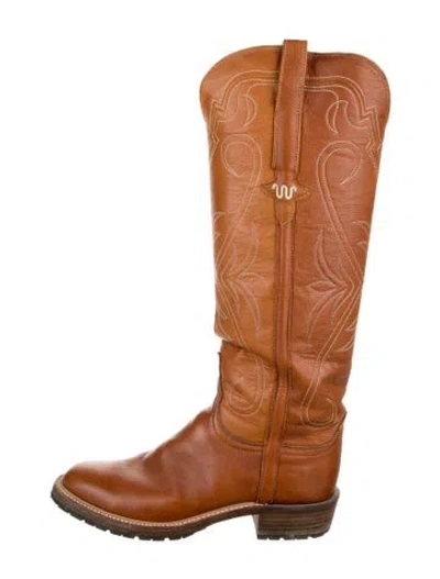 Pre-owned Lucchese Leather Patterned Riding Boots In Brown