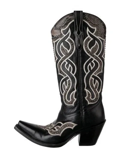 Pre-owned Lucchese Leather Patterned Western Boots In Black