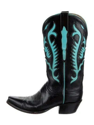Pre-owned Lucchese Leather Patterned Western Boots In Blue