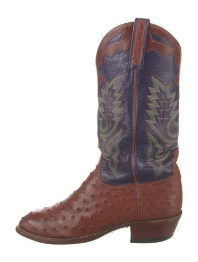 Pre-owned Lucchese Leather Patterned Western Boots In Brown