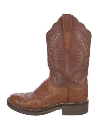 Pre-owned Lucchese Leather Patterned Western Boots In Brown