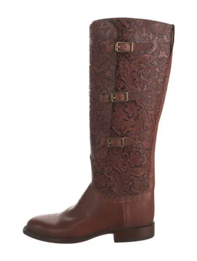 Pre-owned Lucchese Leather Patterned Western Boots In Brown