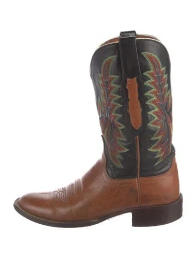 Pre-owned Lucchese Leather Patterned Western Boots In Brown