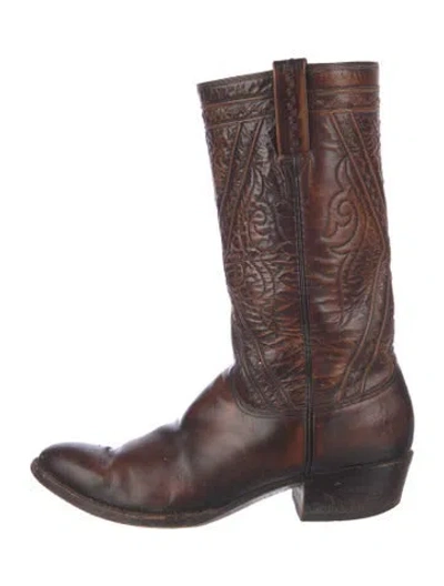 Pre-owned Lucchese Leather Patterned Western Boots In Brown