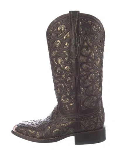 Pre-owned Lucchese Leather Patterned Western Boots In Brown