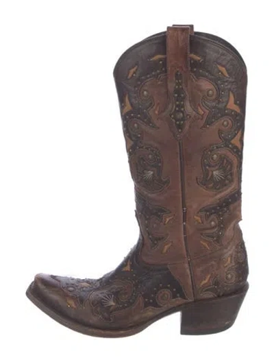 Pre-owned Lucchese Leather Patterned Western Boots In Brown