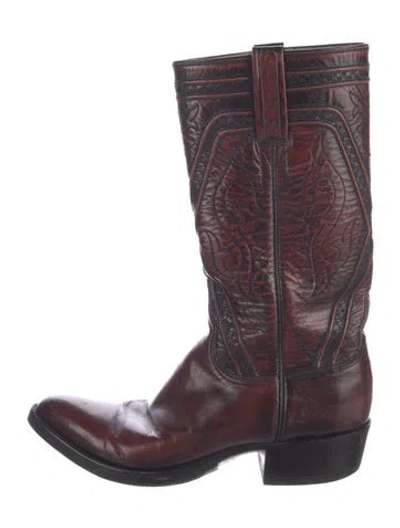 Pre-owned Lucchese Leather Patterned Western Boots In Burgundy