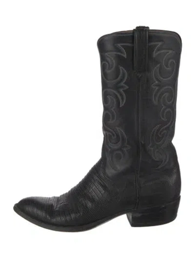 Pre-owned Lucchese Leather Printed Western Boots In Black