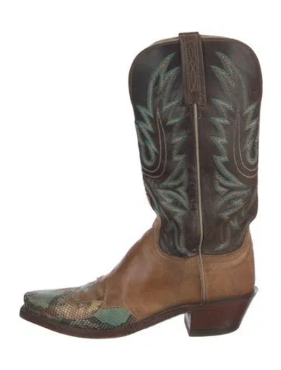 Pre-owned Lucchese Leather Printed Western Boots In Brown