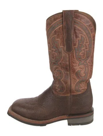 Pre-owned Lucchese Leather Printed Western Boots In Brown