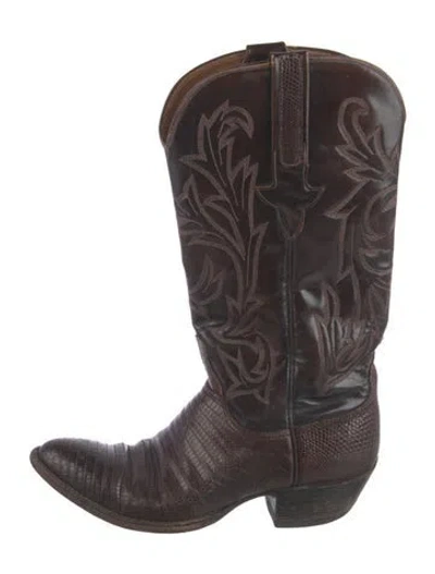 Pre-owned Lucchese Leather Printed Western Boots In Brown