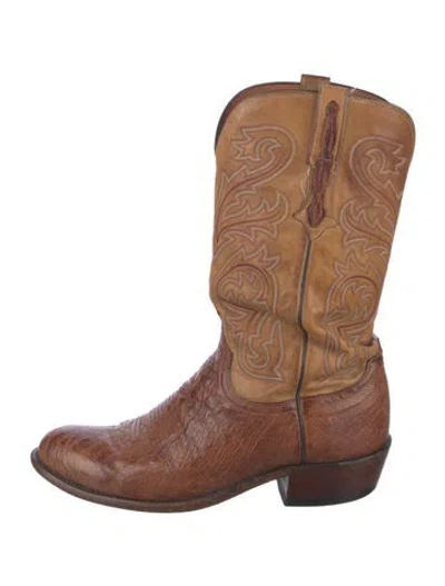 Pre-owned Lucchese Leather Printed Western Boots In Brown
