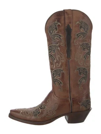 Pre-owned Lucchese Leather Printed Western Boots In Brown