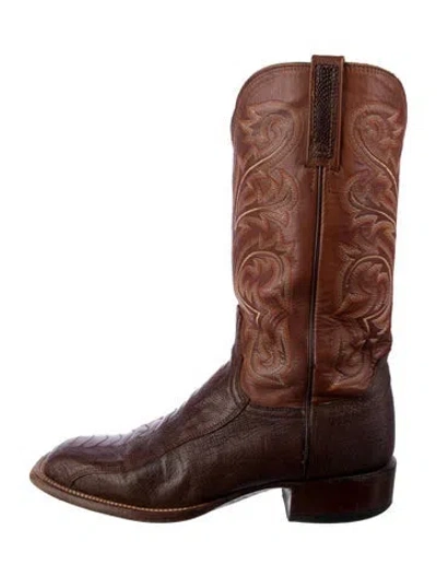 Pre-owned Lucchese Leather Printed Western Boots In Brown