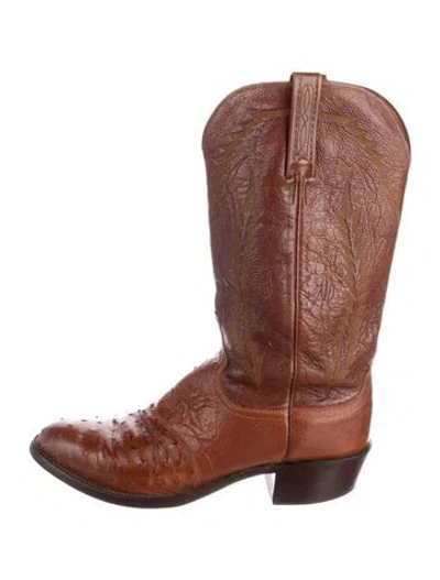 Pre-owned Lucchese Leather Printed Western Boots In Brown
