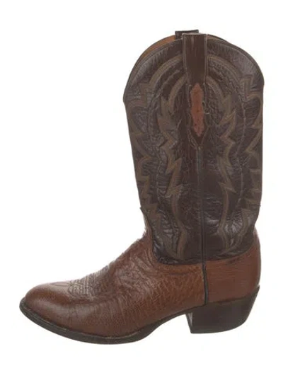 Pre-owned Lucchese Leather Printed Western Boots In Brown