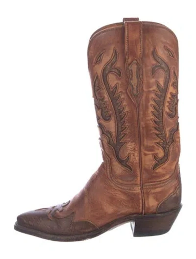 Pre-owned Lucchese Leather Printed Western Boots In Brown
