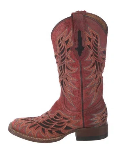 Pre-owned Lucchese Leather Printed Western Boots In Burgundy