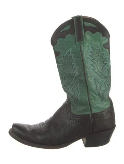 Pre-owned Lucchese Leather Printed Western Boots In Green