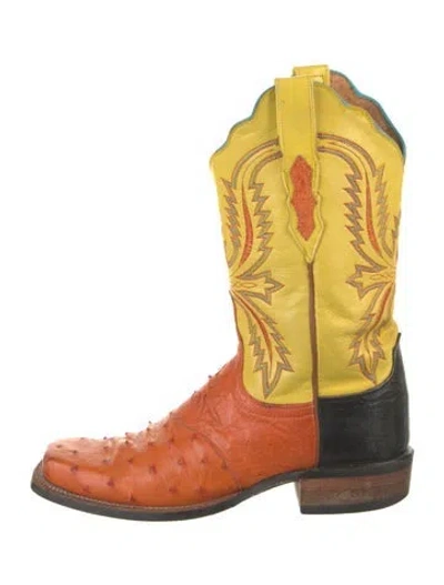 Pre-owned Lucchese Leather Printed Western Boots In Orange