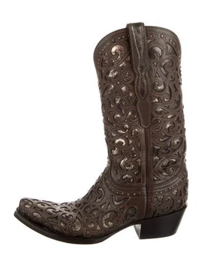 Pre-owned Lucchese Leather Studded Accents Western Boots W/ Tags In Brown