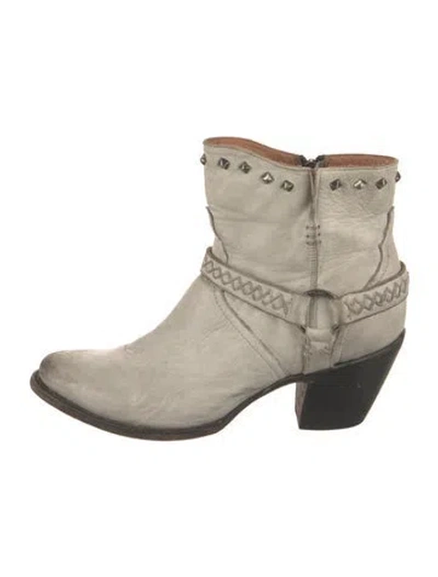 Pre-owned Lucchese Leather Studded Accents Western Boots In White